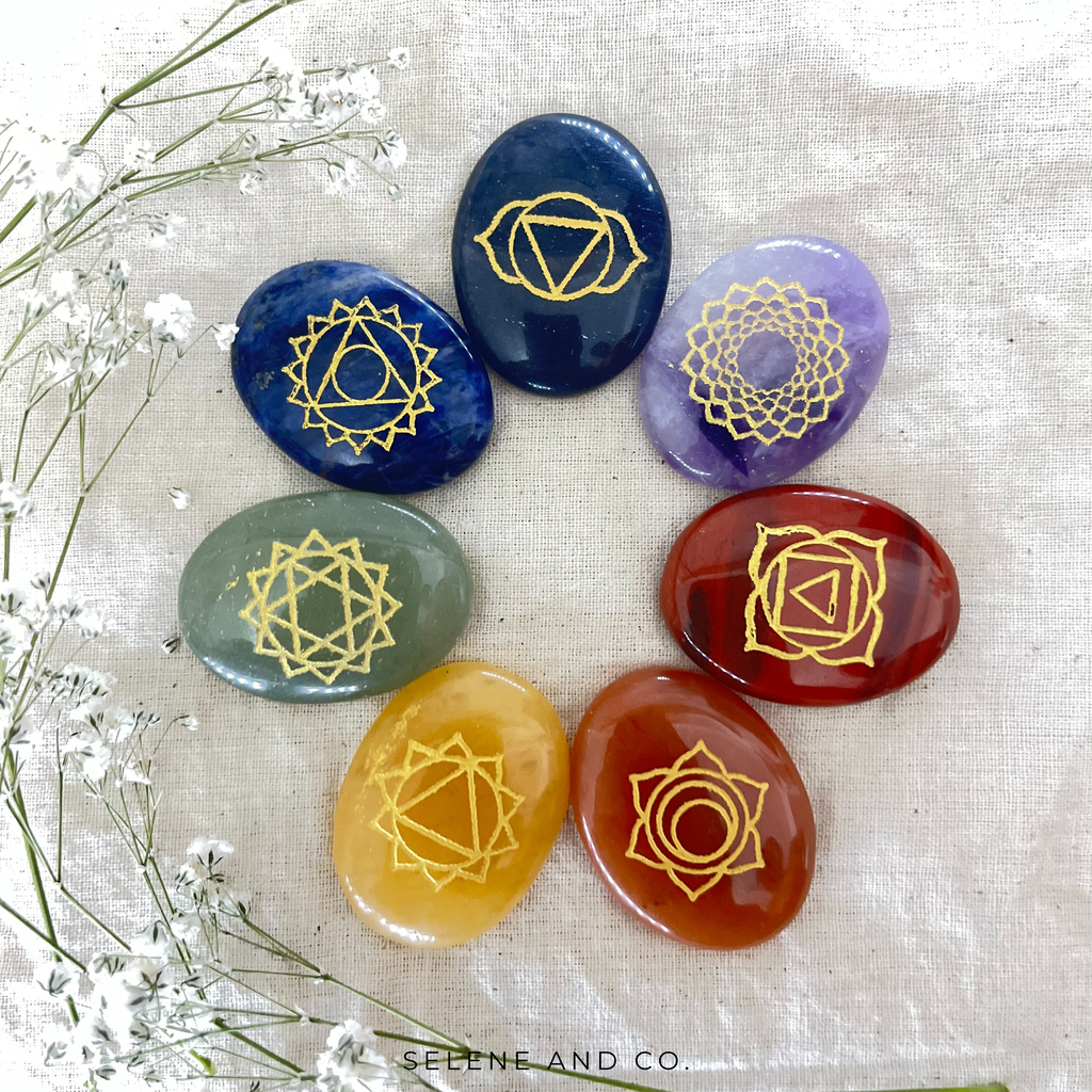 7 Chakra Oval Engraved Healing Stones Set