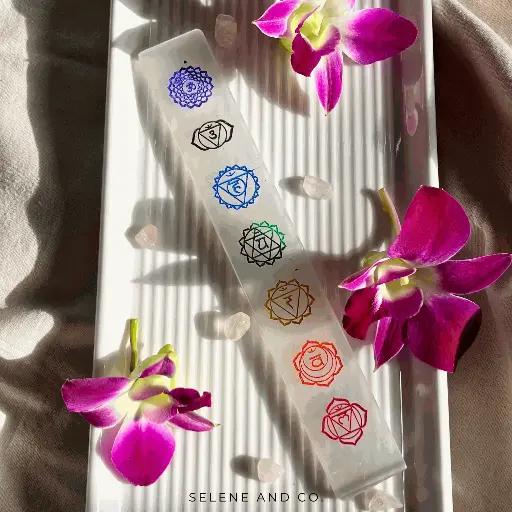 Selenite 7 Chakra Engraved Flat Strip