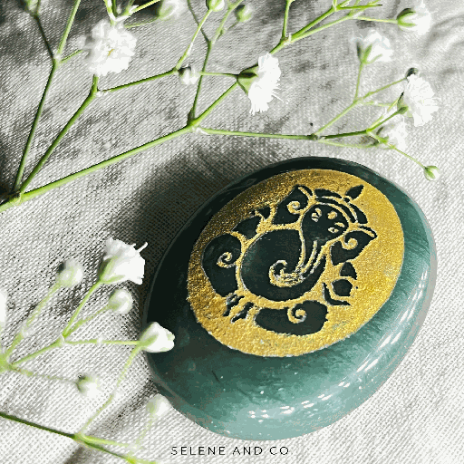 Ganesh Ji Engraved Coin - Green Aventurine